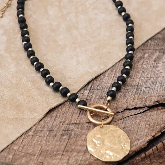 SOLD OUT!!!   Wooden Bead Coin Toggle Necklace in Black & Gold