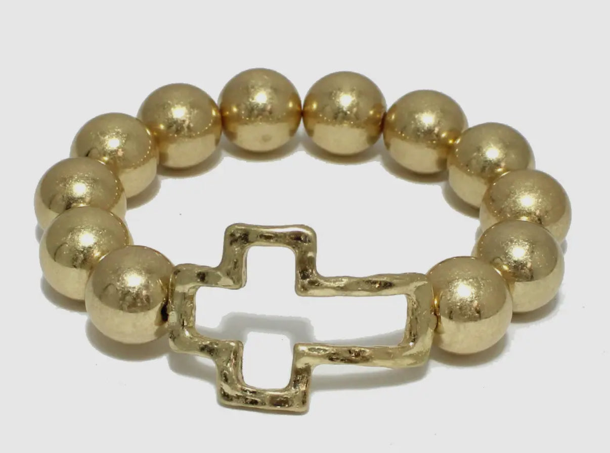 Worn Gold Beaded Stretch Bracelet with Open Cross Detail