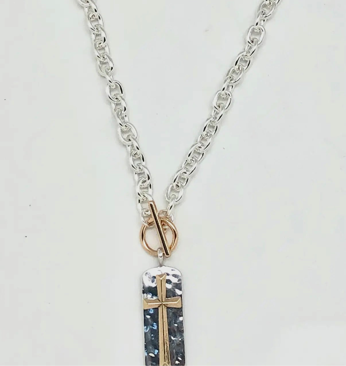 Silver Toggle Chain Link Necklace with Two-Tone Cross Tag Pendant