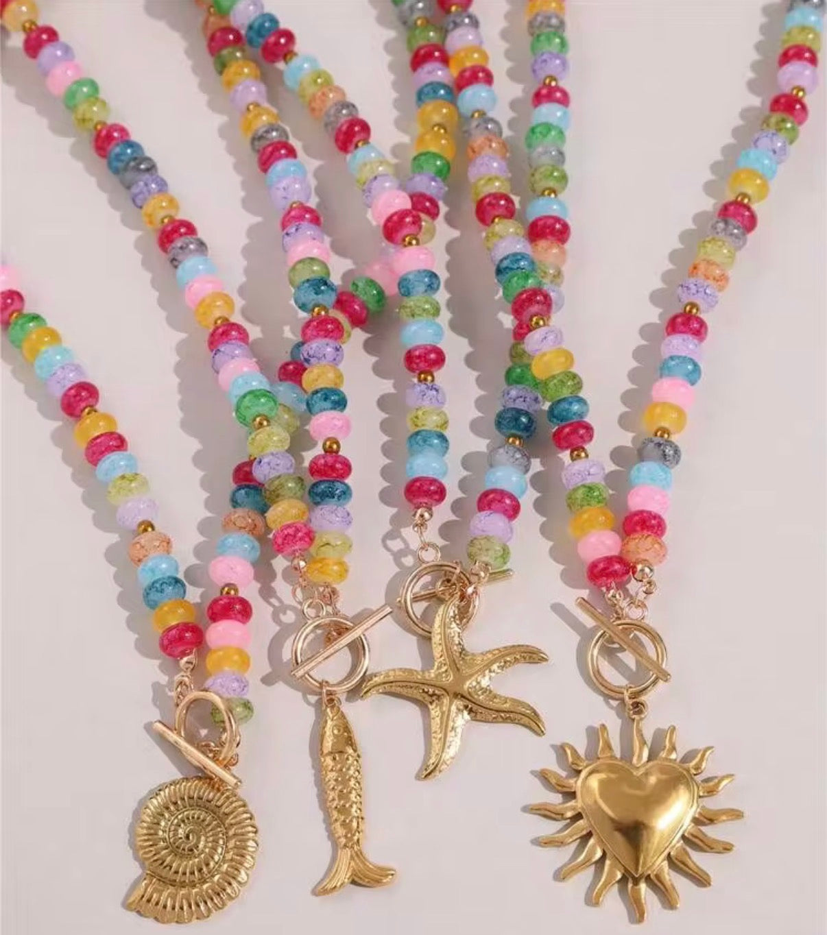 Brightly Colored Dopamine Beaded Toggle Necklace with Gold Fish Pendant