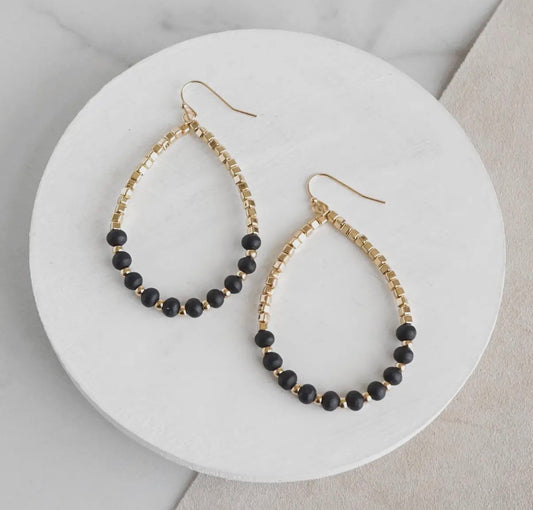 Neutral Black Wood & Gold Beaded Teardrop Hoop Earrings
