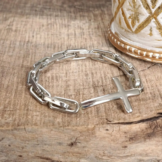 Silver Sideways Cross Stretch Bracelet