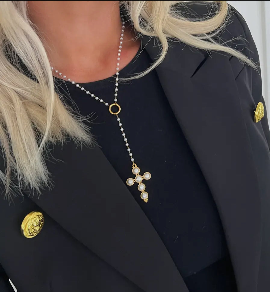 Lariat Pearl Cross Necklace