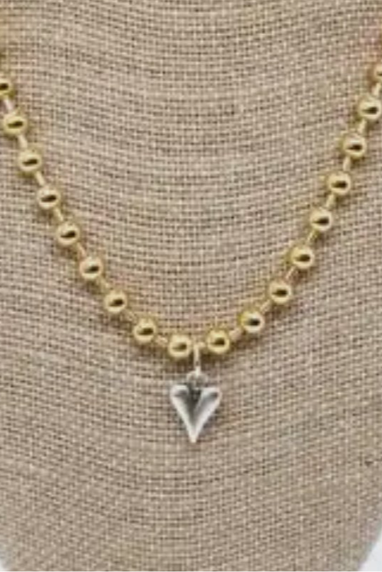 Gold Beaded Chain Necklace with Mini Silver Heart Charm