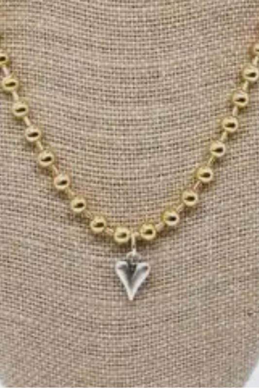 Gold Beaded Chain Necklace with Mini Silver Heart Charm