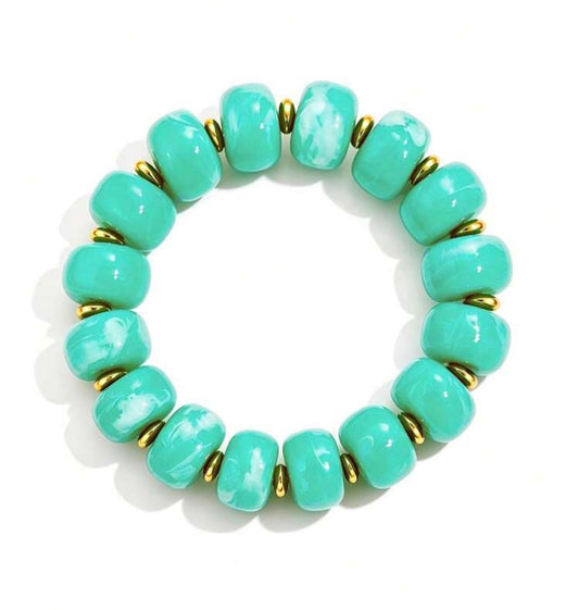 Bright Aqua & Gold Resin Beaded Stretch Bracelet
