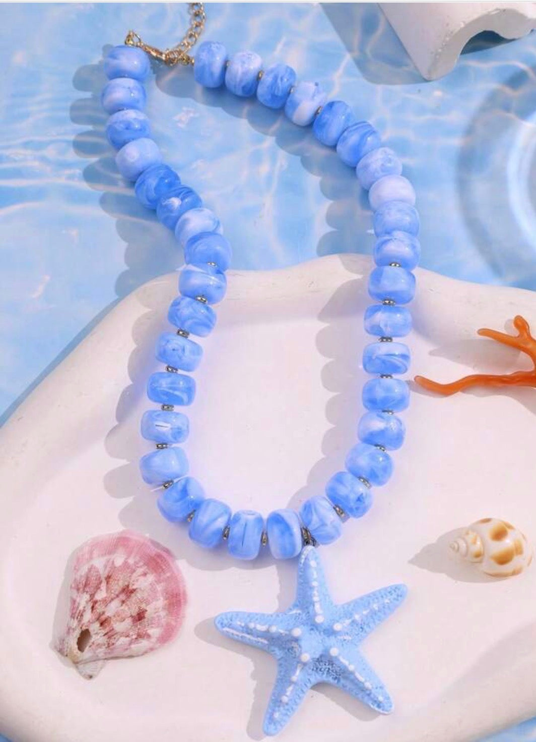 Bright Periwinkle Blue Beaded Necklace with Starfish Pendant
