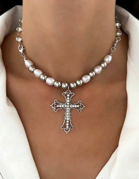 Silver & Pearl Beaded Chain with Silver & Crystal Cross