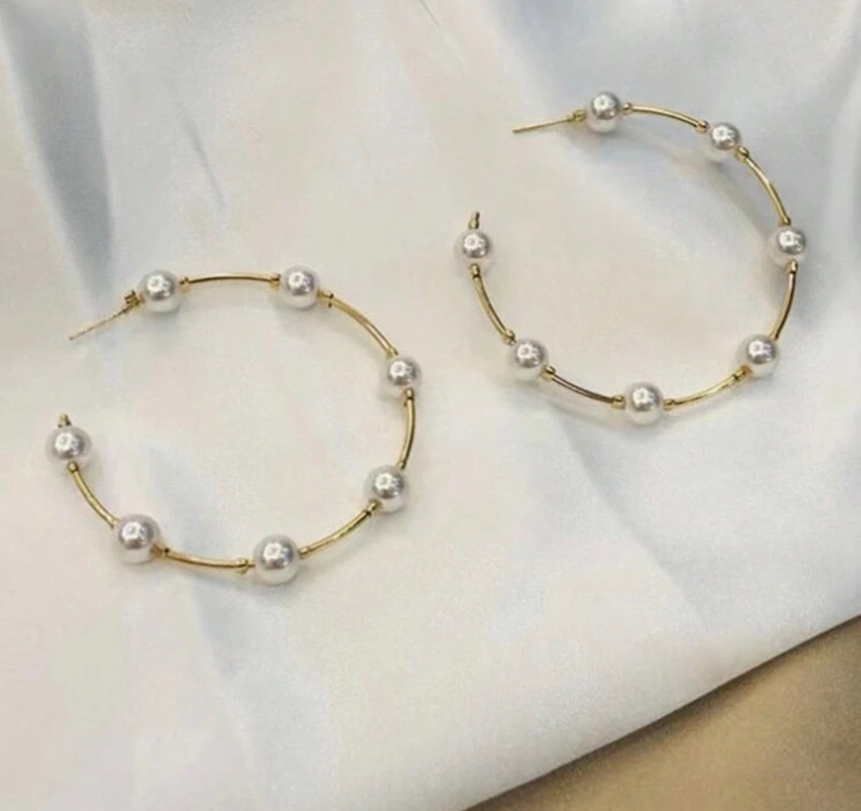 Large Gold Hoop Earrings with Pearl Ball Accents