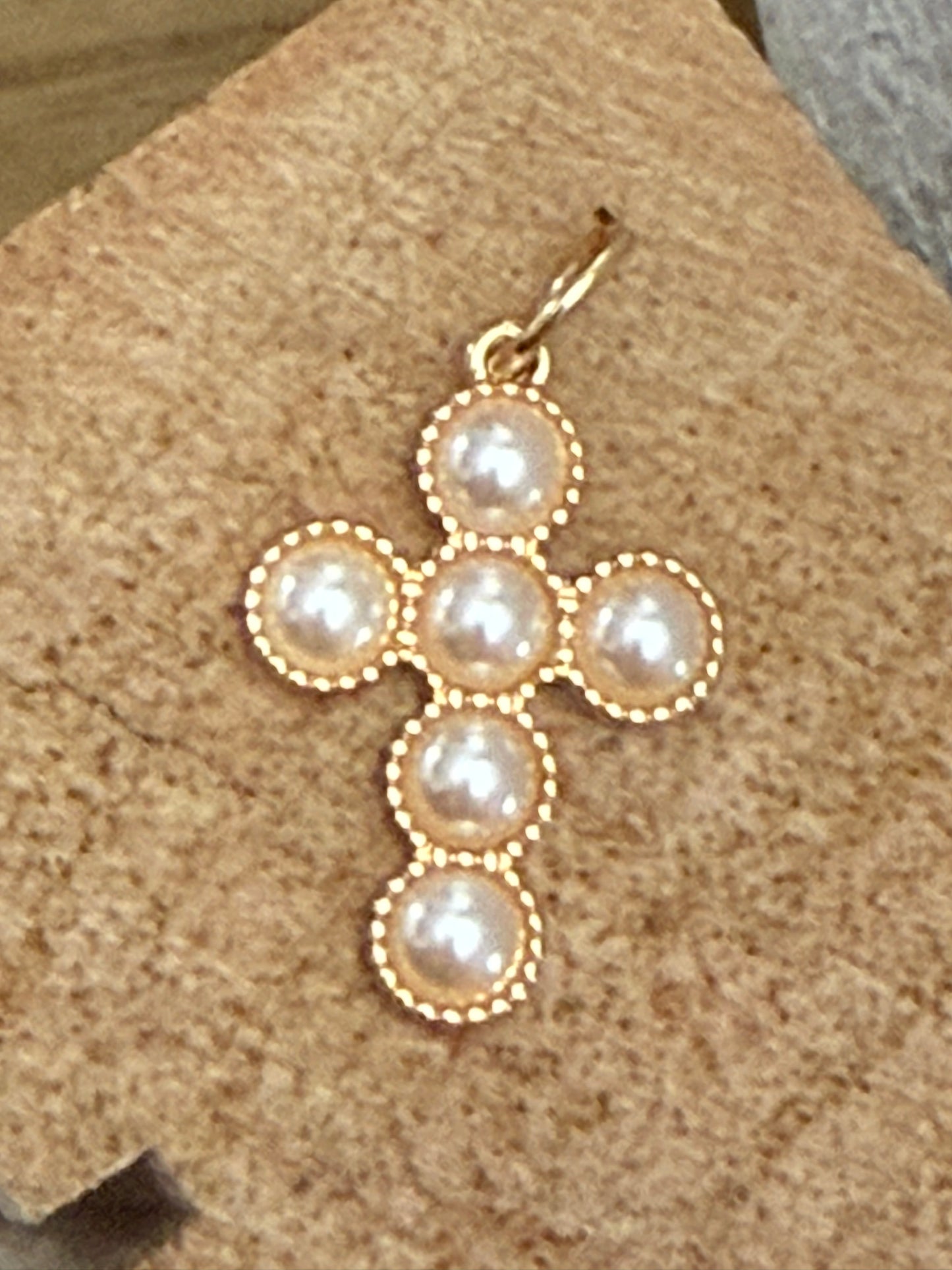 Gold & Pearl Rounded Cross Charm/Pendant