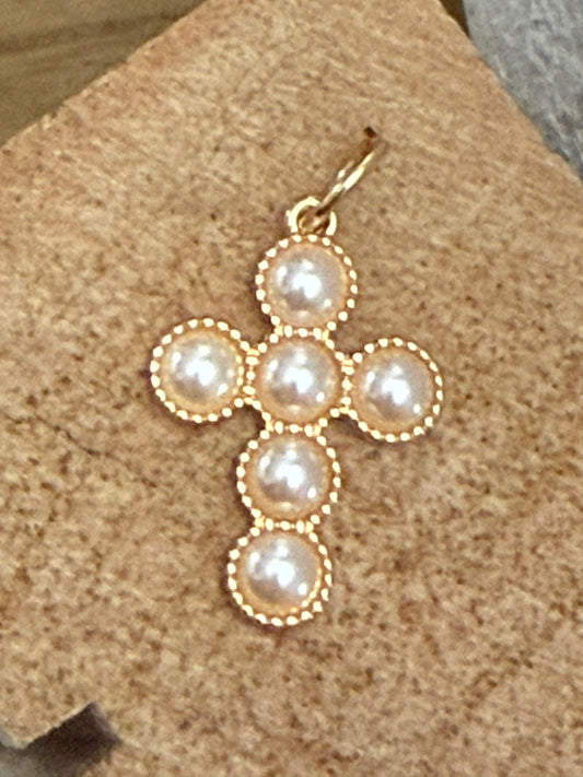 Gold & Pearl Rounded Cross Charm/Pendant