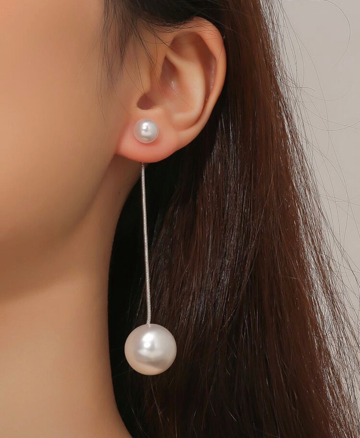 Silver Chain Dangle Earrings with Double Pearl Ball Accents