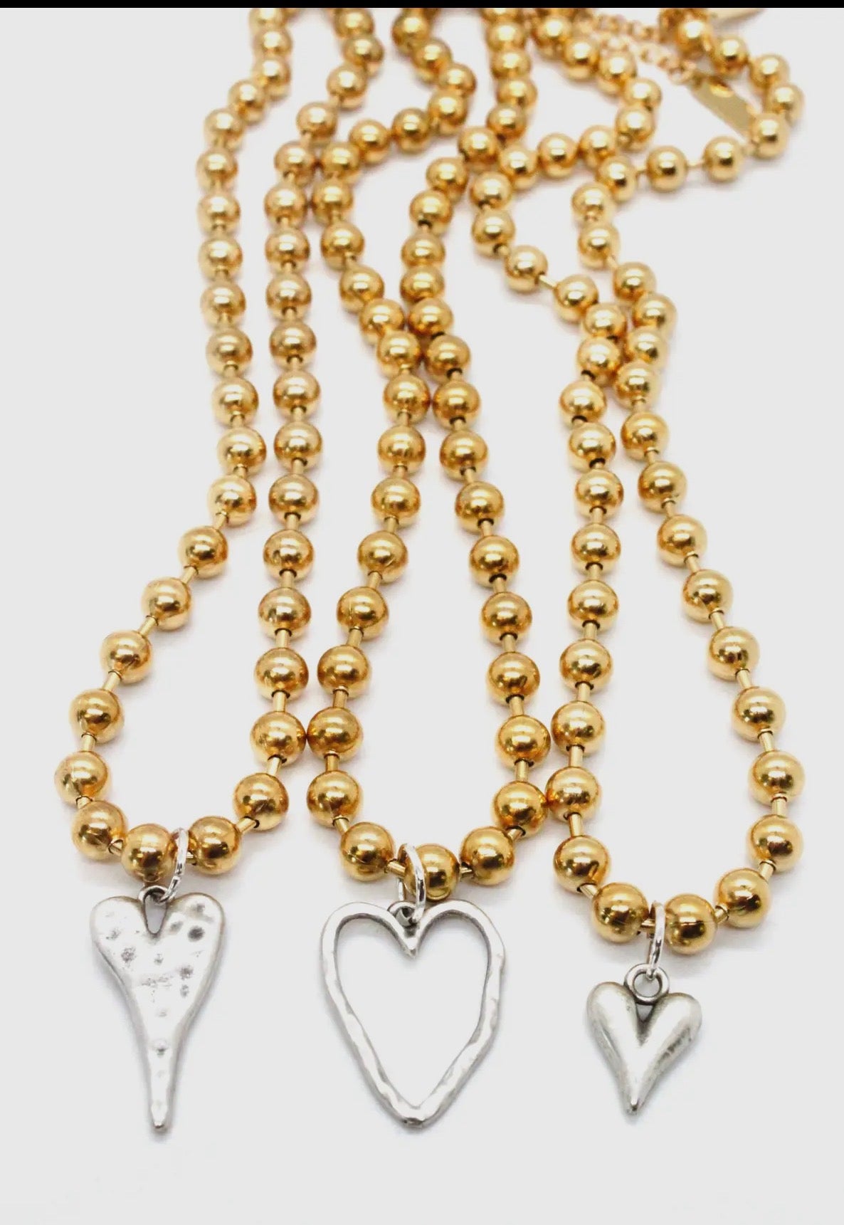 Gold Ball Beaded Chain Necklace with Elongated Silver Heart Charm