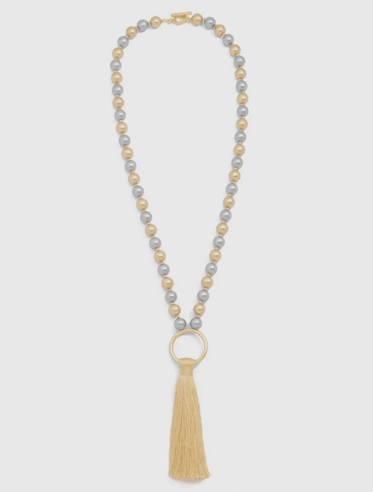Matte Gold & Silver Resin Beaded Tassle Chain Toggle Long Necklace