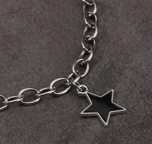 Silver Stainless Steel Chain Necklace with Black & Silver Star Pendant