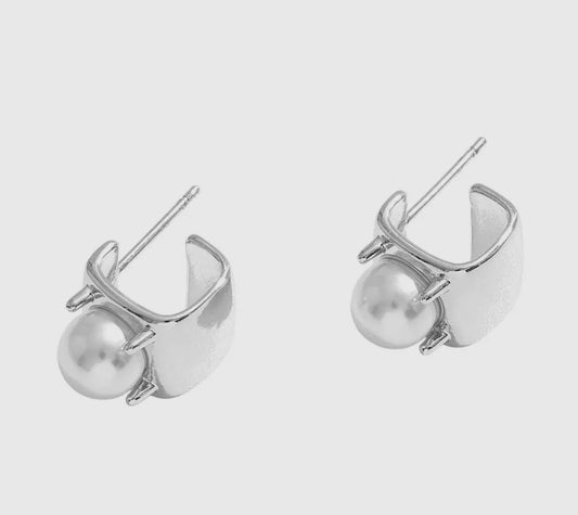 Silver Pearl Accent Geometric Post Earrings
