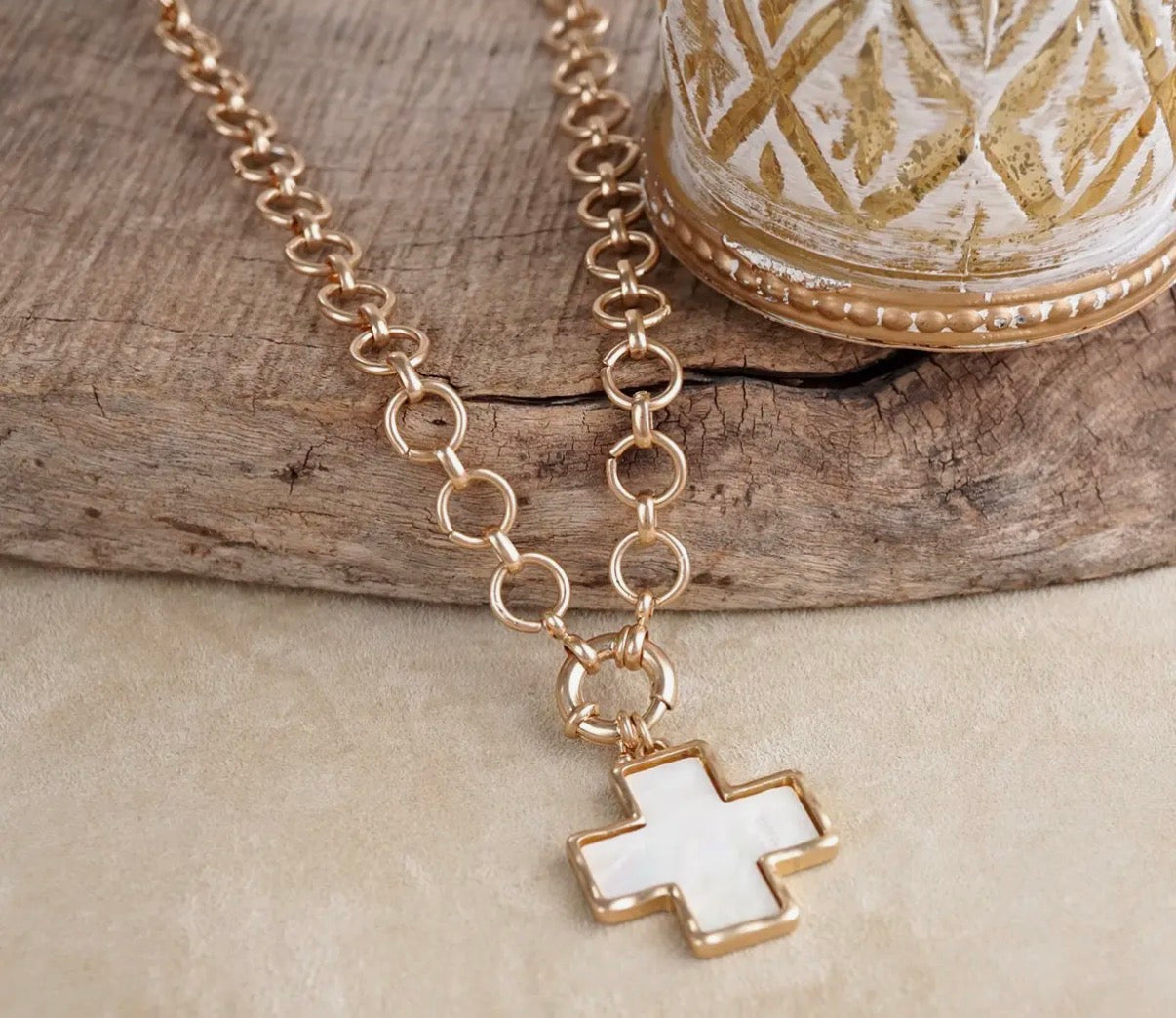 Gold Chain Necklace with Gold & Mother of Pearl Cross Pendant