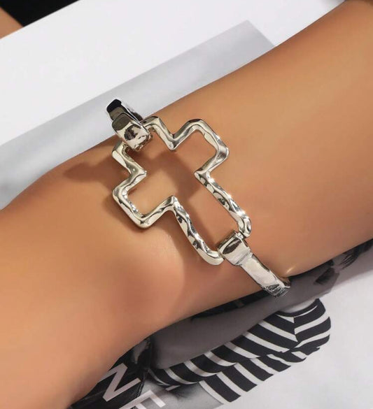 Hollow Silver Cross Bangle Bracelet
