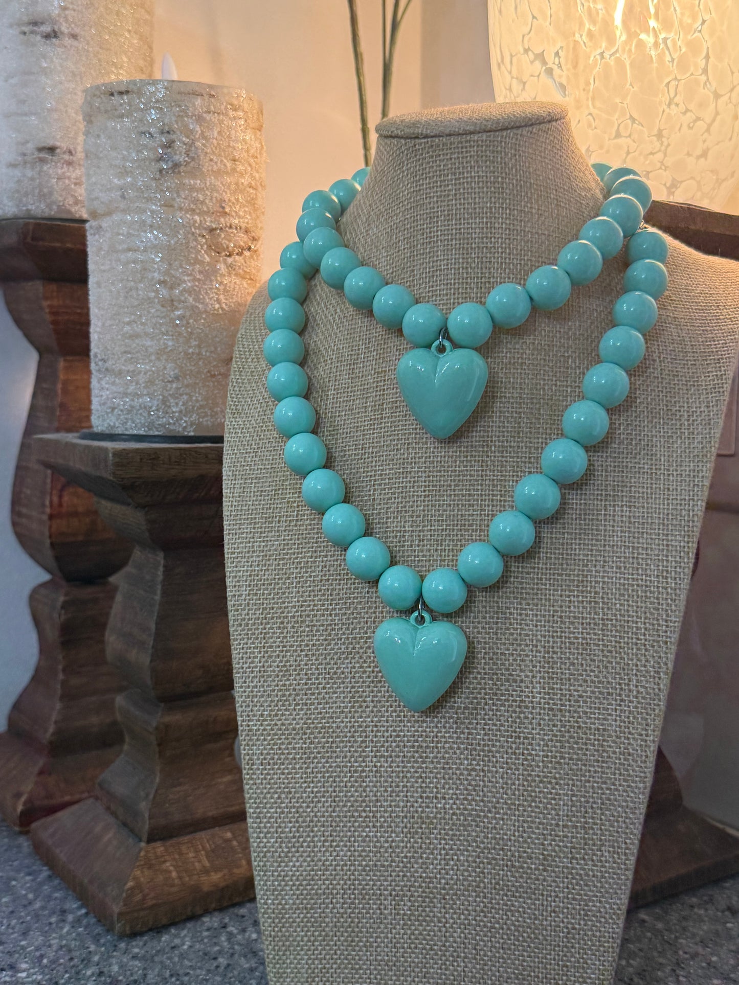 Mint Green Acrylic Beaded Necklace with Puffy Heart Pendant