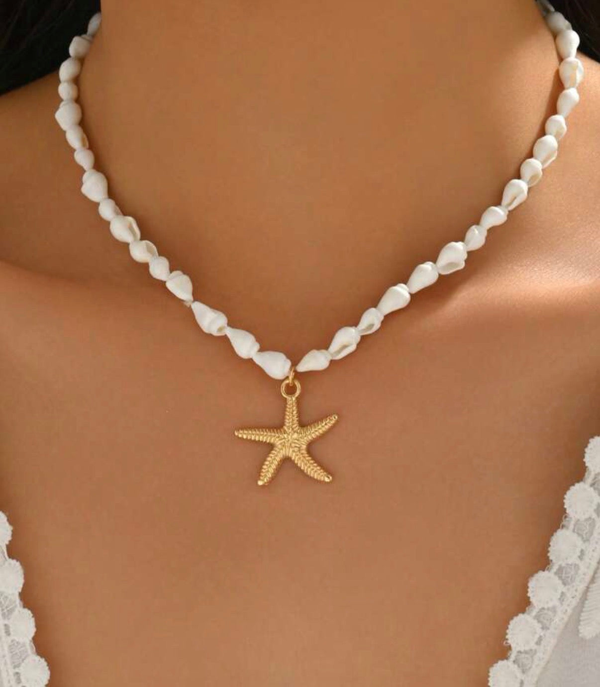 White Seashell Beaded Necklace with Gold Starfish Pendant
