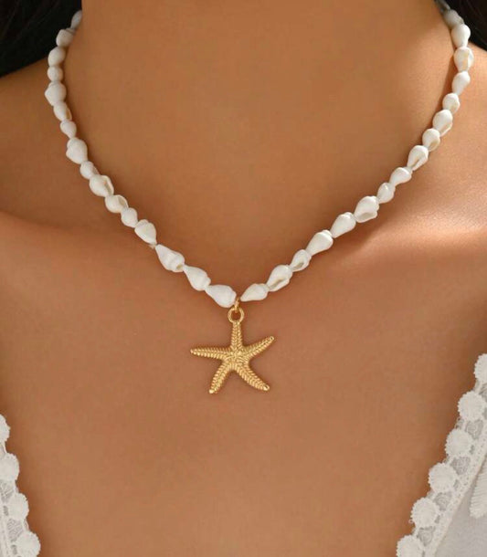 White Seashell Beaded Necklace with Gold Starfish Pendant