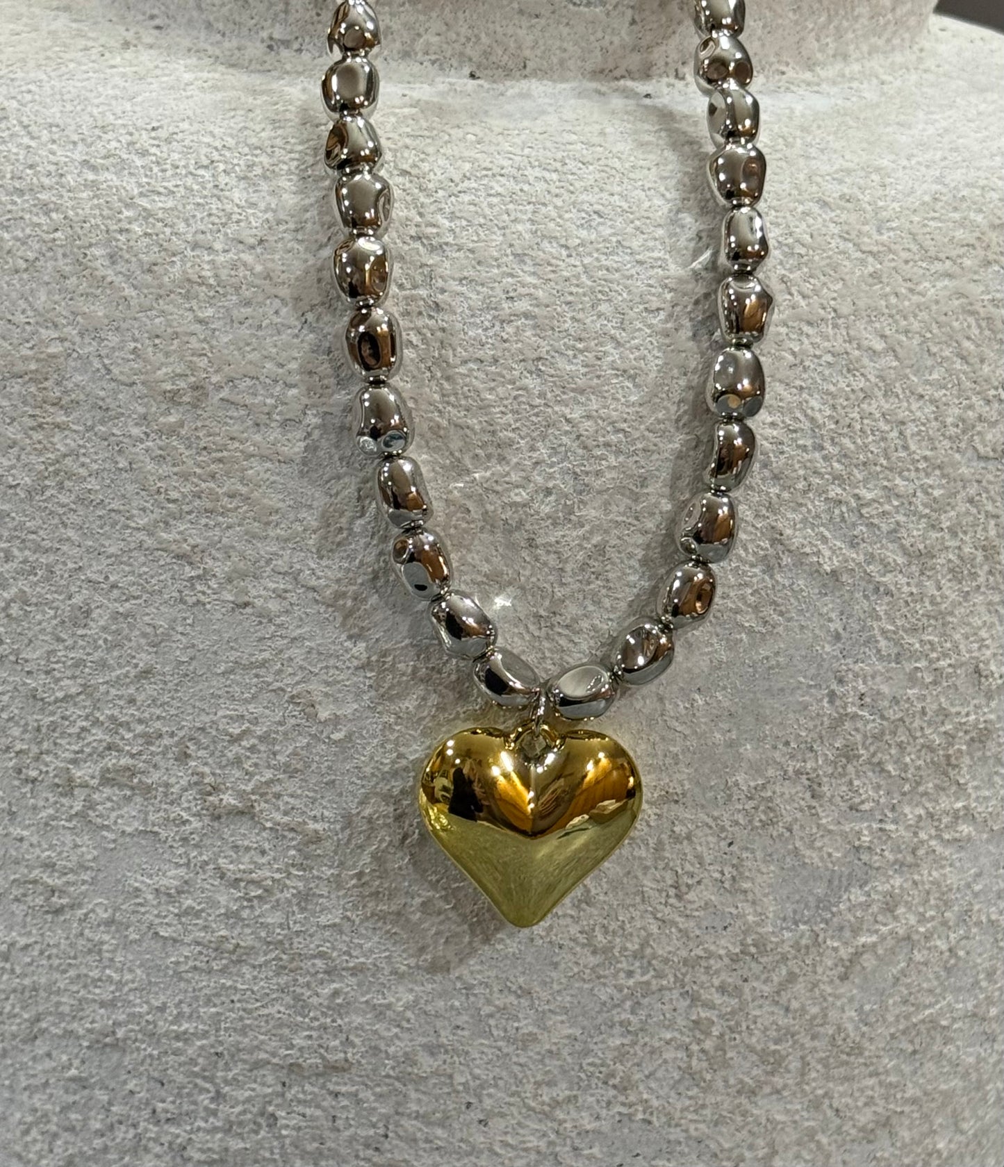 Bebe Hammered Silver Bead Necklace with Shiny Gold Heart Pendant