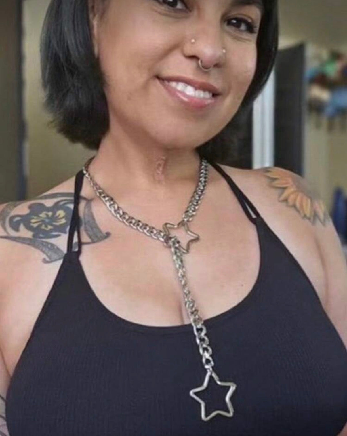 Silver Chain Link Double Star Lariat Necklace