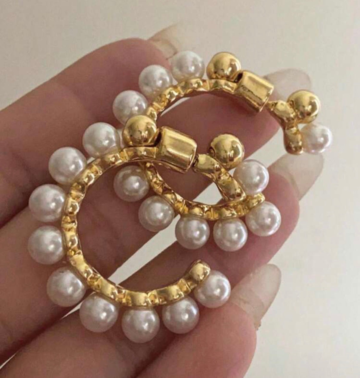 Large C-Shape Gold Hoops with Pearl Beaded Accents