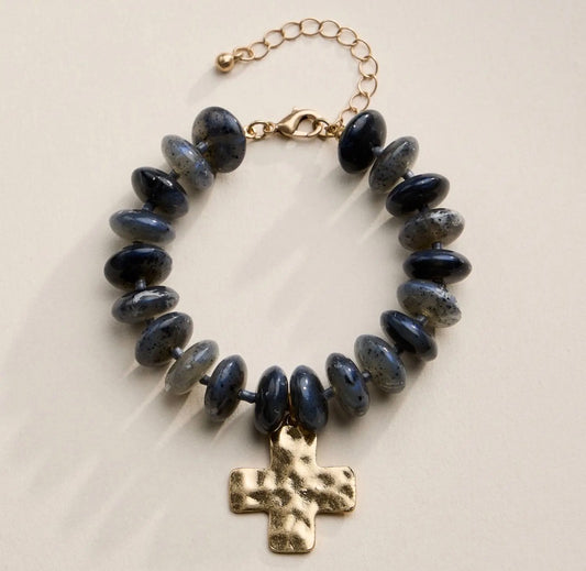 Denim Blue Beaded Cross Charm Bracelet