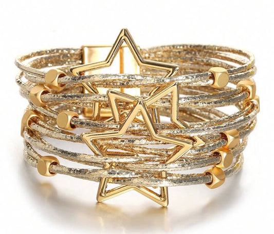 Mixed Media/Multi Layer/ Multiple Star Bracelet with Gold Beading & Clasp