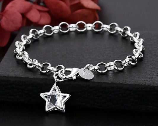 Silver/Stainless Steel Circle Chain Bracelet with Crystal Star Pendant.