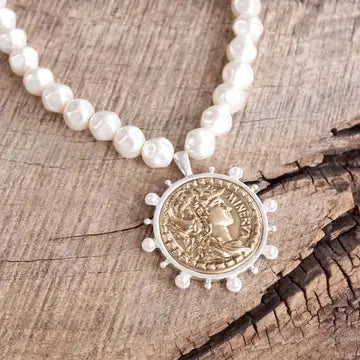 Boho Pearl Statement Necklace with Two-Tone Spiky Coin Pendant