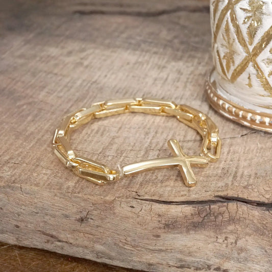 Gold Sideways Cross Stretch Bracelet
