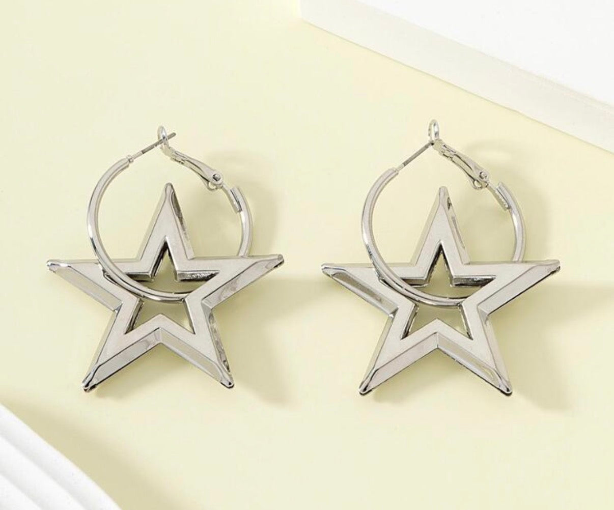 Silver Hoop Earrings with Large Dangling Star
