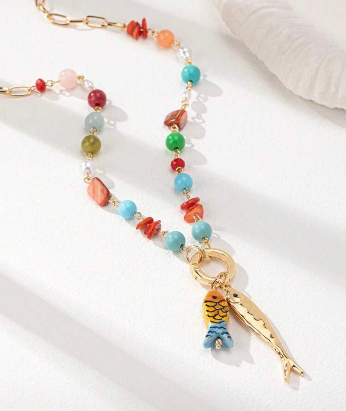 Gold & Bright Summer Colors Beaded Necklace with 2 Fish Charms