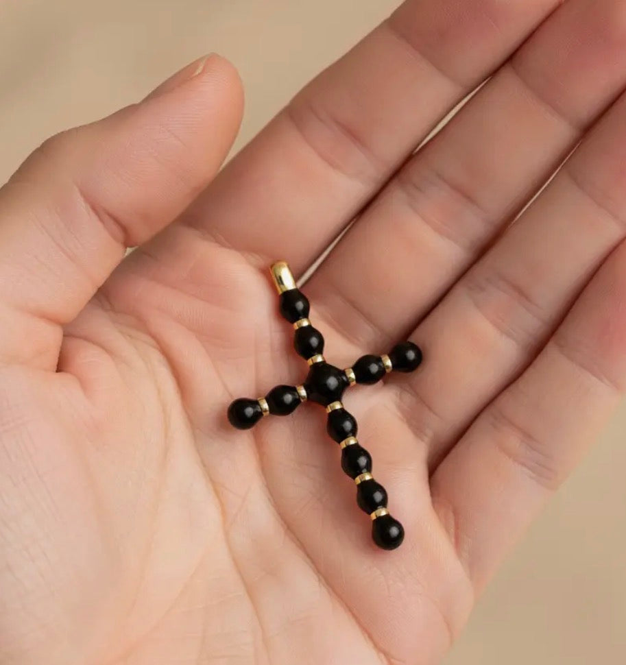 Black Ball Bead Cross Pendant on Gold Box Chain Necklace