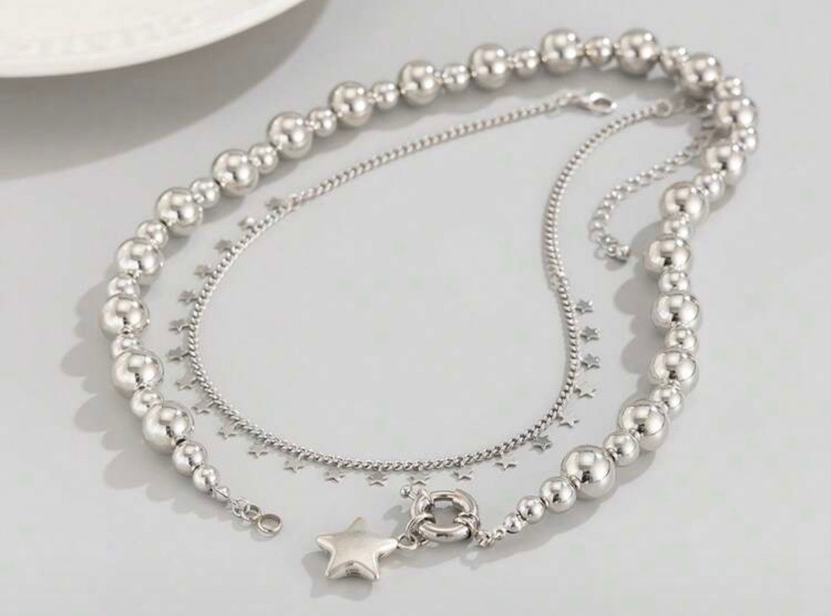 Silver Double Layered- Ball Beaded Chain with toggle/Star & Small Chain with Multiple Star Accent Necklace