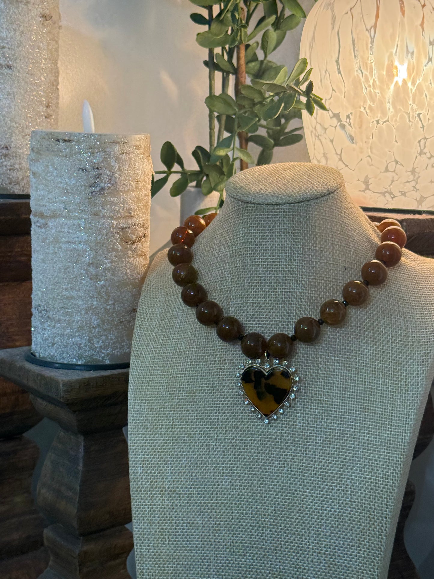 Brown Resin Beaded Necklace with Brown & Gold Spiky Heart Pendant