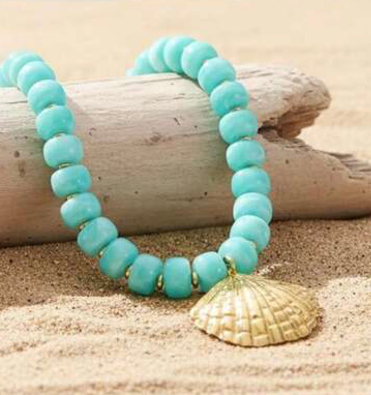 Aqua/Turquoise Beaded Necklace with Gold Shell Pendant