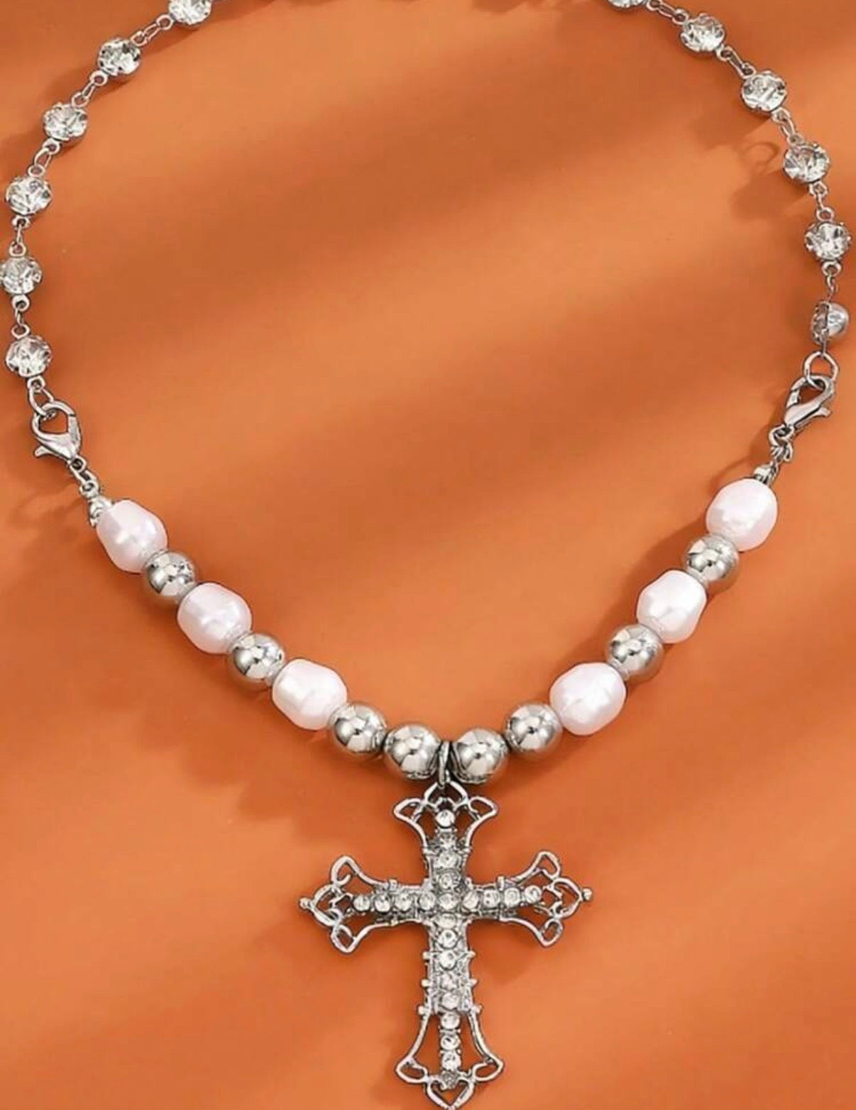Silver & Pearl Beaded Chain with Silver & Crystal Cross