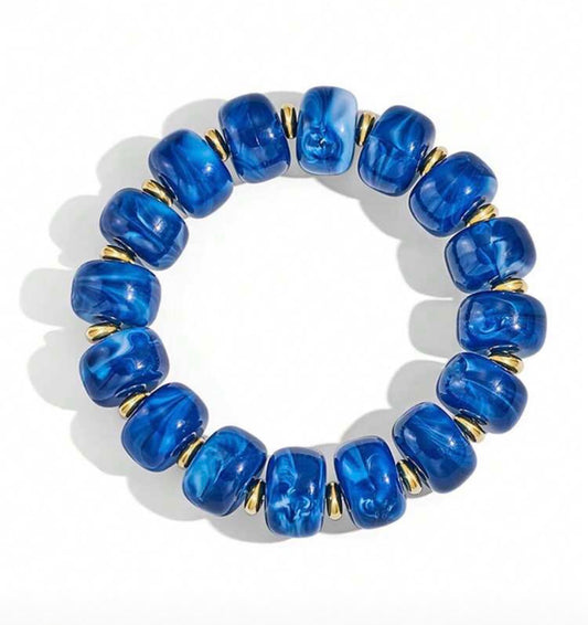 Blue & Gold Resin Beaded Stretch Bracelet