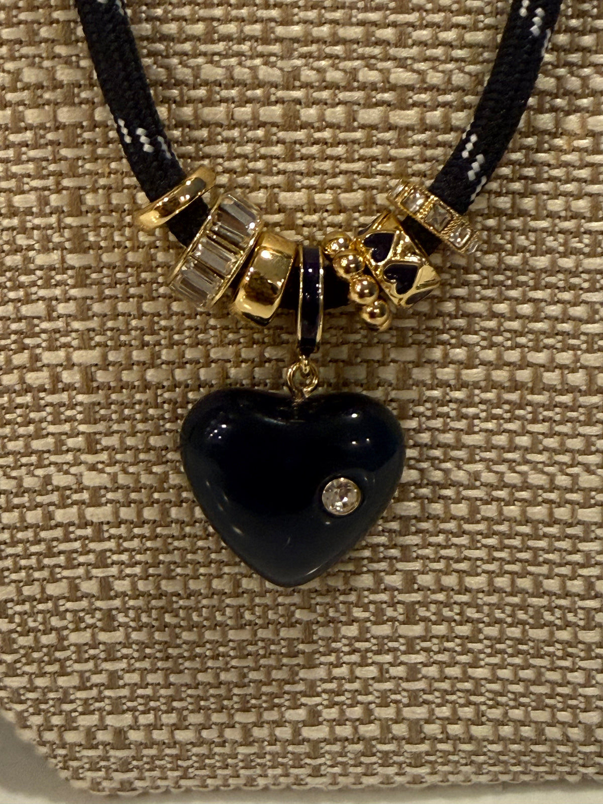 Navy Paracord Rope Choker with Gold & Enamel Charms, Navy Marbled Heart with Tiny Crystal Pendant