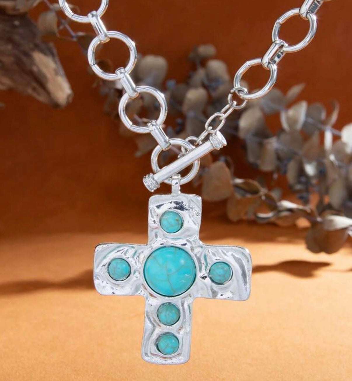 Silver Toggle Necklace with Turquois Beaded Cross Pendant