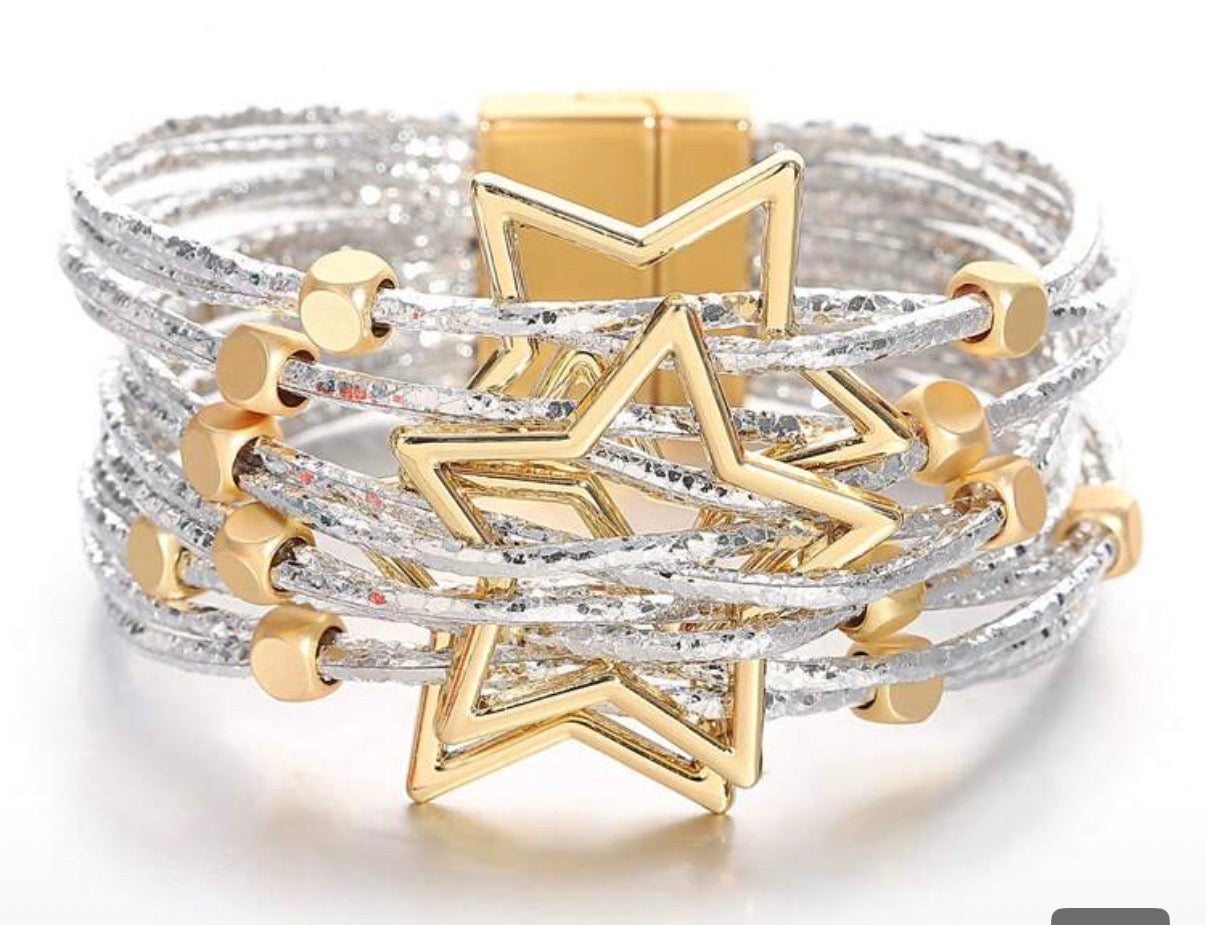 Two-Tone Mixed Media/Multi Layer/ Multiple Star Silver Bracelet with Gold Beading & Clasp