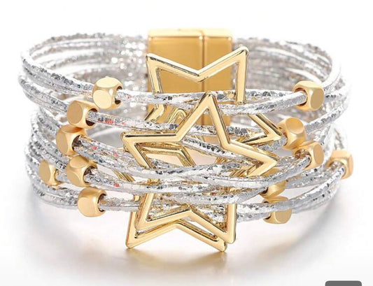 Two-Tone Mixed Media/Multi Layer/ Multiple Star Silver Bracelet with Gold Beading & Clasp