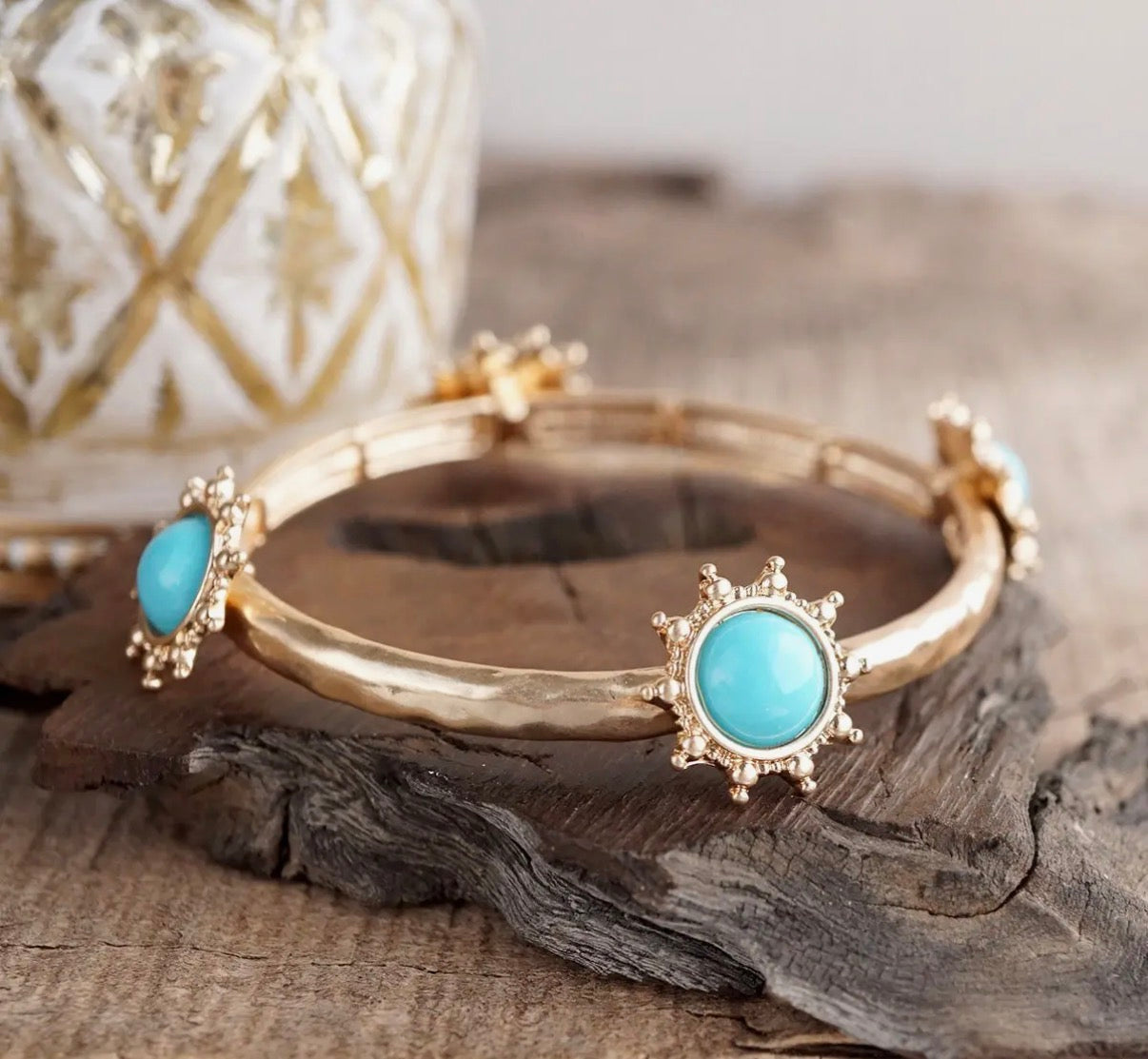 Suncrest Glow - Gold Hammered Stretch Bangle Bracelet with Turquoise Suncrest Accents.