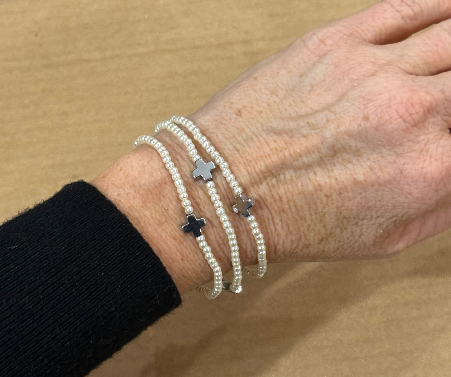 3 pc. Set Silver & Pearl Stretch Bracelets with Silver Cross Accents