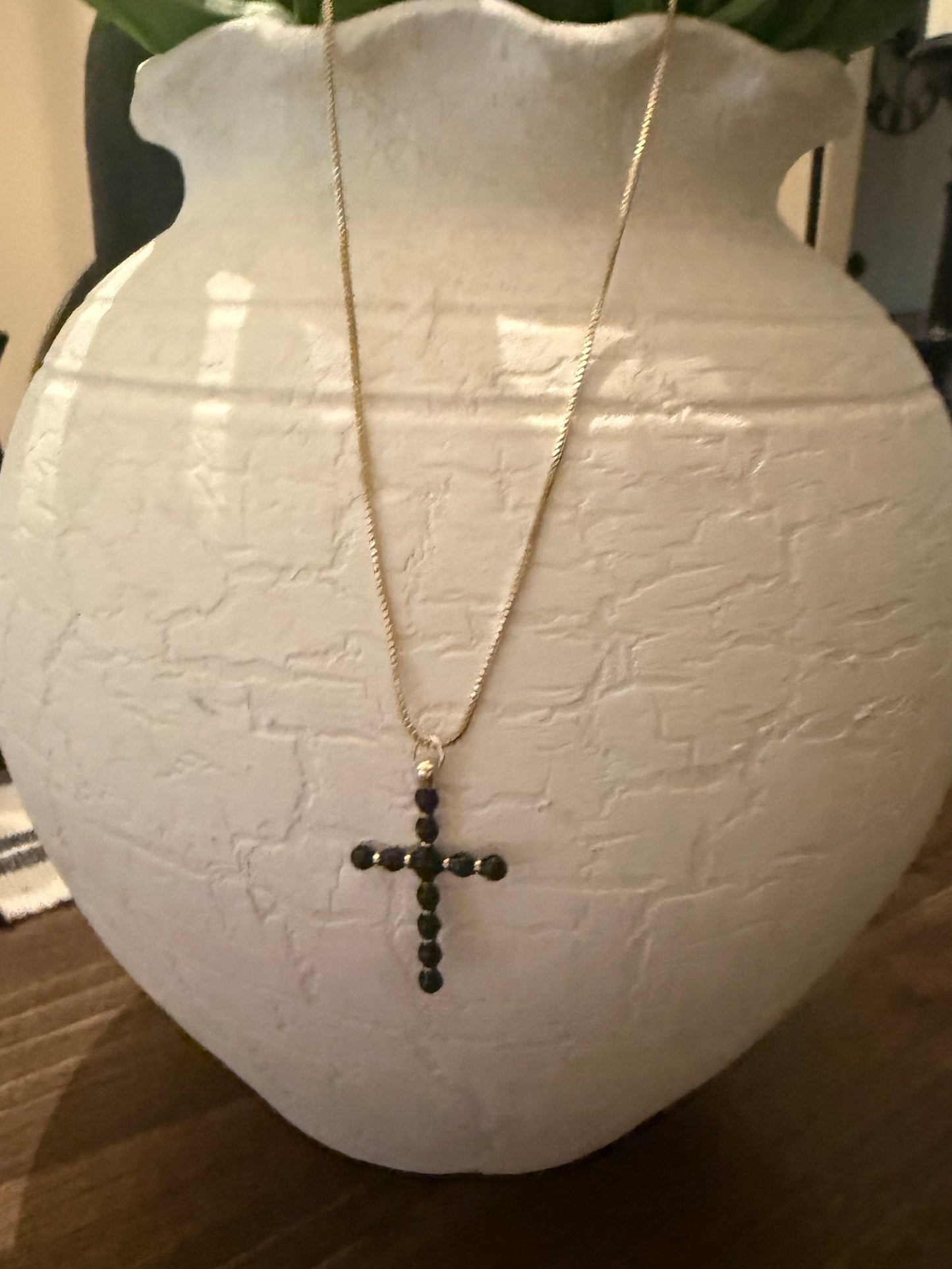 Black Ball Bead Cross Pendant on Gold Box Chain Necklace