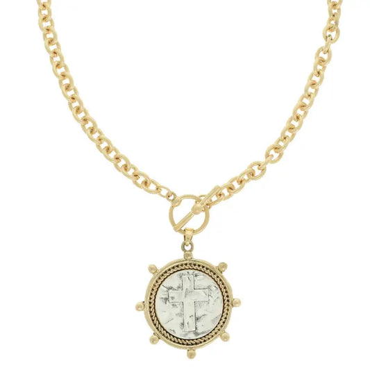Gold Chain Necklace with Two-Tone Coin Cross Pendant & Toggle closure