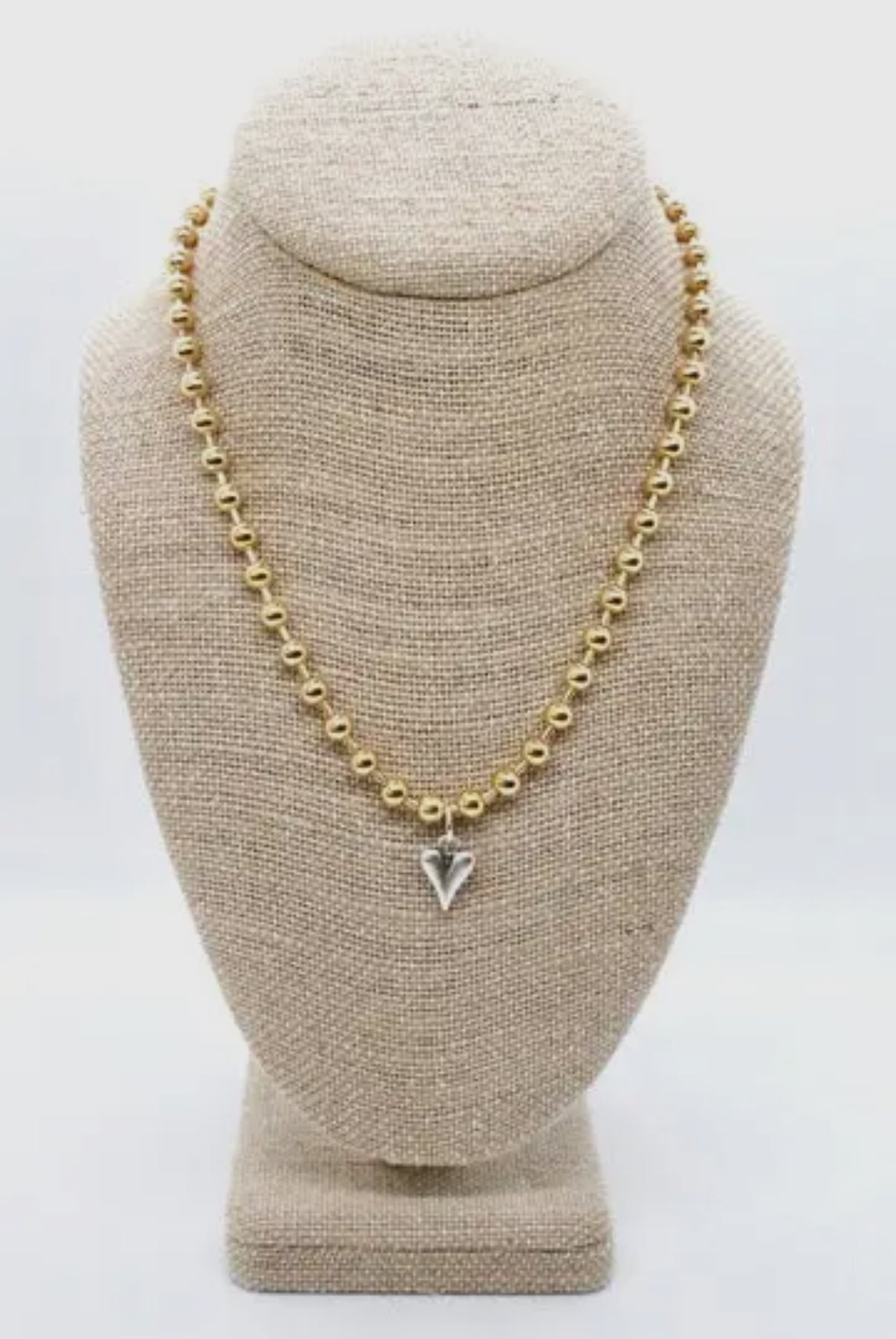Gold Beaded Chain Necklace with Mini Silver Heart Charm